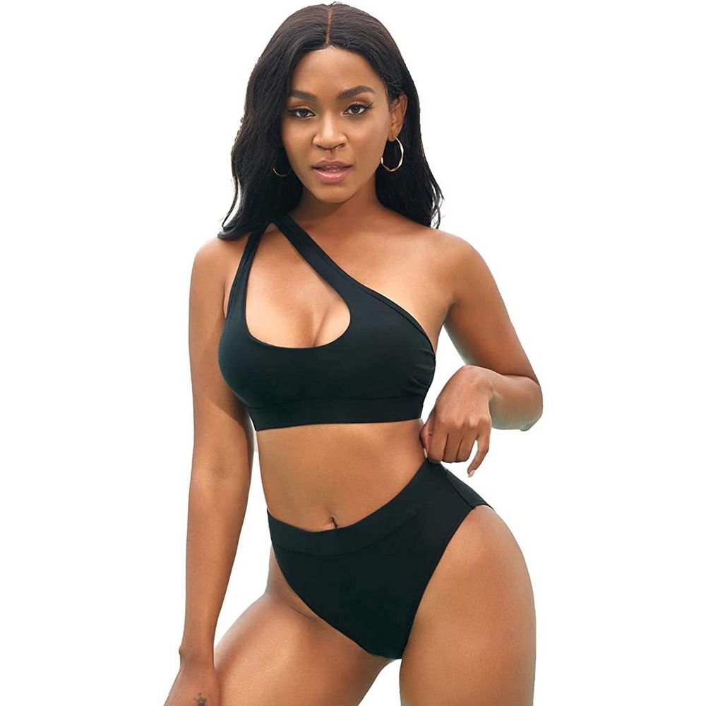One Shoulder Sport Bikini Set High Waisted Cutout Swimsuit Crop Top Bathing Suit
